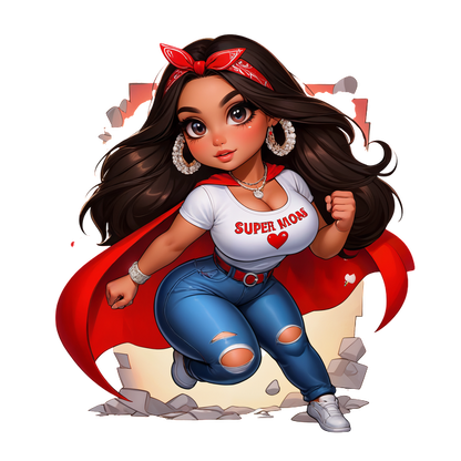 Una mamá superhéroe fuerte y elegante con una camiseta y jeans que dicen "SUPER MOM", una capa roja vibrante y un pañuelo.