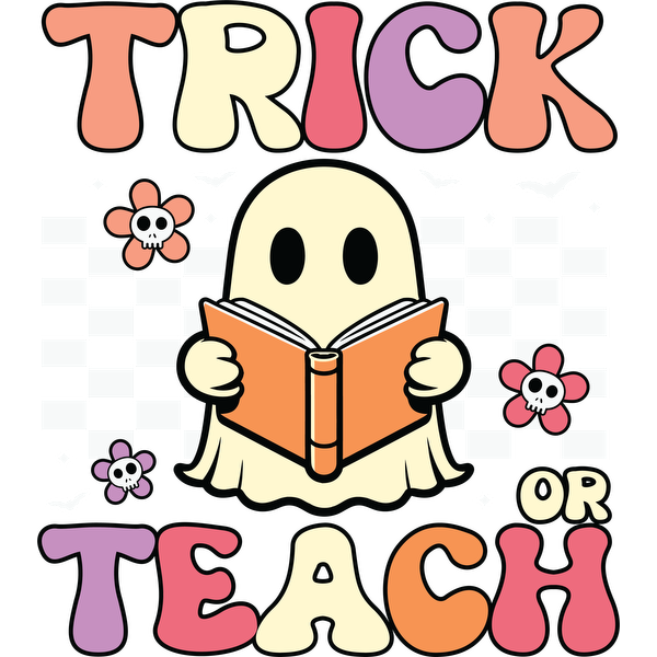 Un diseño divertido con temática de Halloween que presenta un fantasma que sostiene un libro con el texto "Trick or Teach" y elementos florales.