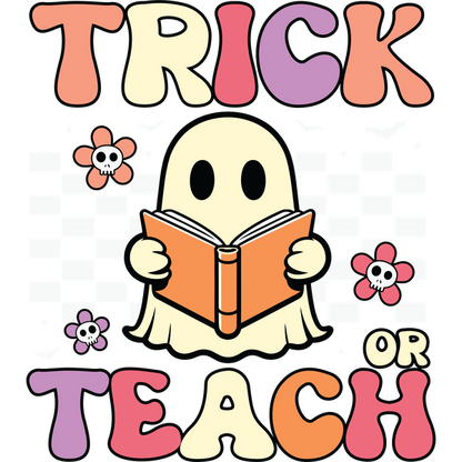 Un diseño divertido con temática de Halloween que presenta un fantasma que sostiene un libro con el texto "Trick or Teach" y elementos florales.