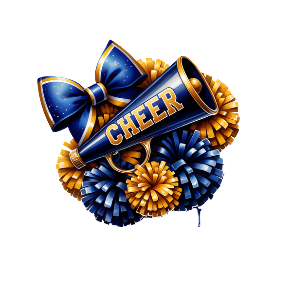 A vibrant cheerleading megaphone adorned with a blue bow and colorful pom-poms in gold and blue shades.DTF Transfers heat press transfers