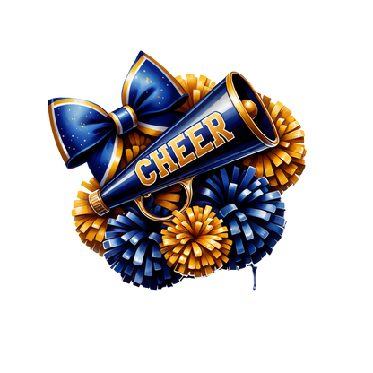 A vibrant cheerleading megaphone adorned with a blue bow and colorful pom-poms in gold and blue shades.DTF Transfers heat press transfers