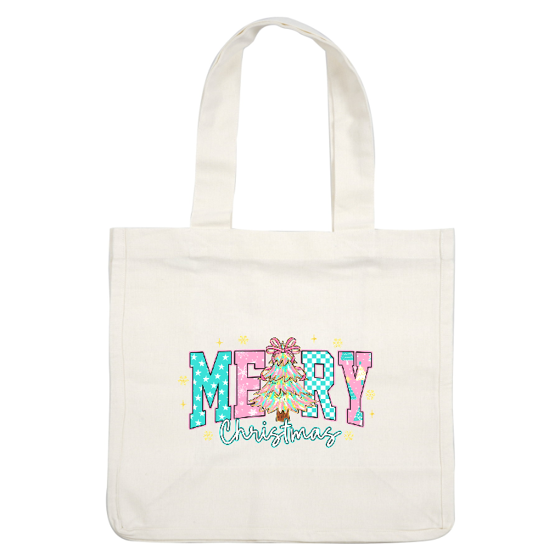 Festive "Merry Christmas" design featuring a colorful tree and playful typography.DTF Transfers