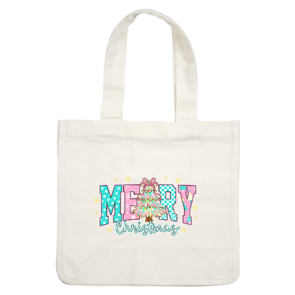 Festive "Merry Christmas" design featuring a colorful tree and playful typography.DTF Transfers