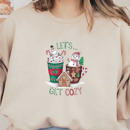 Cozy up with festive drinks, a snowman, and a gingerbread house in this cheerful holiday illustration! heat press transfers