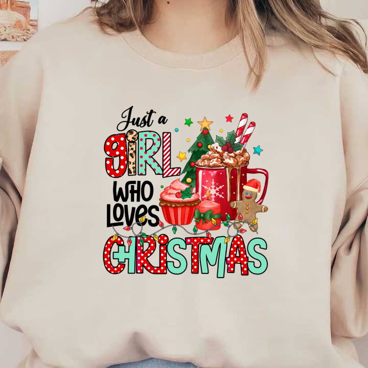 Festive illustration featuring whimsical Christmas treats, including a gingerbread man, cupcakes, and a hot chocolate mug, with cheerful typography. dtf transfers