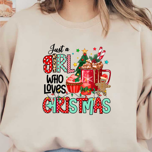 Festive illustration featuring whimsical Christmas treats, including a gingerbread man, cupcakes, and a hot chocolate mug, with cheerful typography. dtf transfers