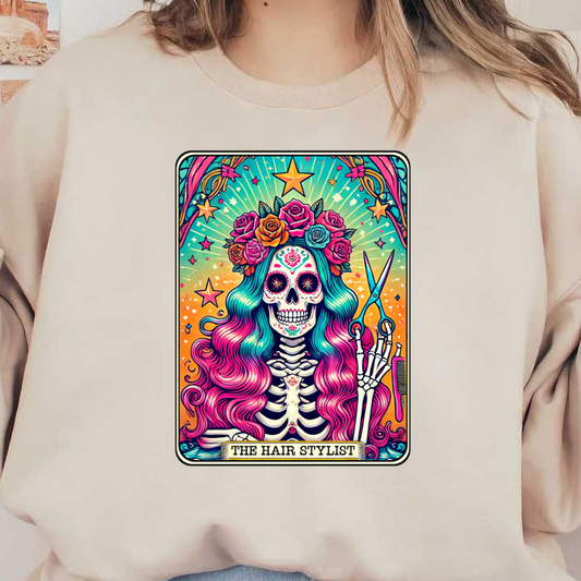 A vibrant, colorful illustration features a skeleton hairstylist with a flower crown, holding scissors and showcasing striking pink and blue hair. dtf transfers