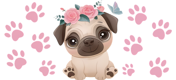 A cute, cartoon-style pug adorned with a floral crown, surrounded by pink paw prints and butterflies.UV Transfers dtf transfers