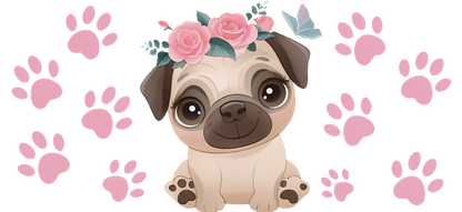 A cute, cartoon-style pug adorned with a floral crown, surrounded by pink paw prints and butterflies.UV Transfers dtf transfers