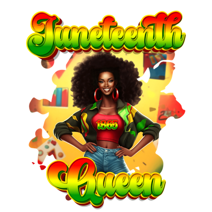 Celebrate Juneteenth with this vibrant artwork featuring a confident queen in colorful attire, embodying joy and empowerment!dtf regular iron