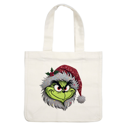 Cheerfully whimsical illustration of the Grinch wearing a festive red and silver Santa hat, adorned with holly and sparkling details.DTF Transfers dtf prints