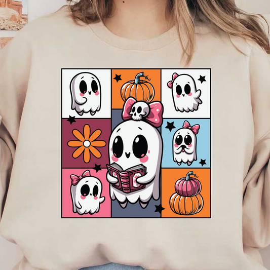 Una ilustración colorida y divertida que presenta adorables fantasmas con diversas expresiones, calabazas y flores, perfecta para la decoración con temática de Halloween.