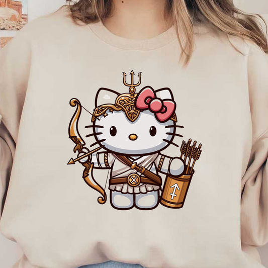 Cute Hello Kitty dressed as an archer warrior, complete with a bow, arrows, and intricate armor detailing.DTF Transfers dtf transfers