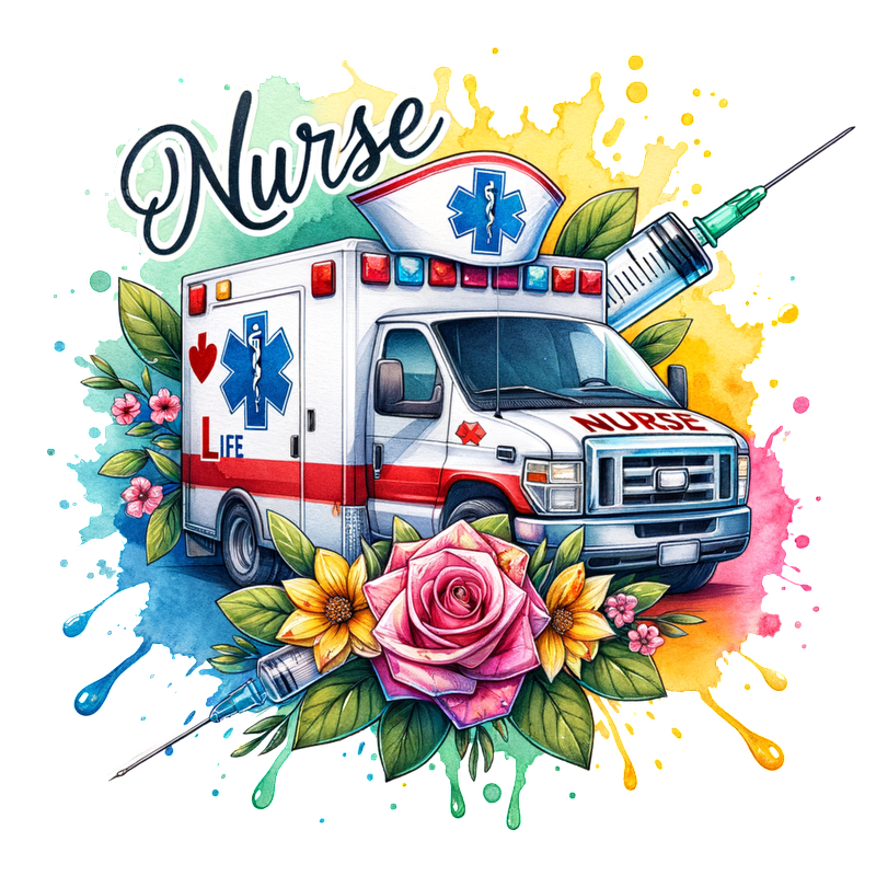 A vibrant, artistic tribute to nurses featuring an ambulance surrounded by colorful flowers and medical symbols, celebrating their vital role.DTF Transfers