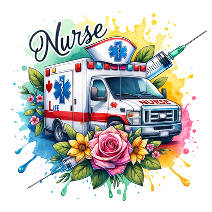 A vibrant, artistic tribute to nurses featuring an ambulance surrounded by colorful flowers and medical symbols, celebrating their vital role.DTF Transfers