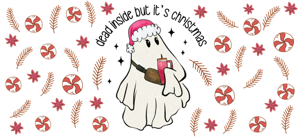 A cute, festive ghost wearing a Santa hat holds a drink surrounded by colorful peppermint candies and cheerful winter decorations.UV Transfers heat press transfers