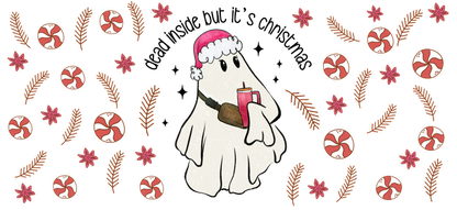 A cute, festive ghost wearing a Santa hat holds a drink surrounded by colorful peppermint candies and cheerful winter decorations.UV Transfers heat press transfers