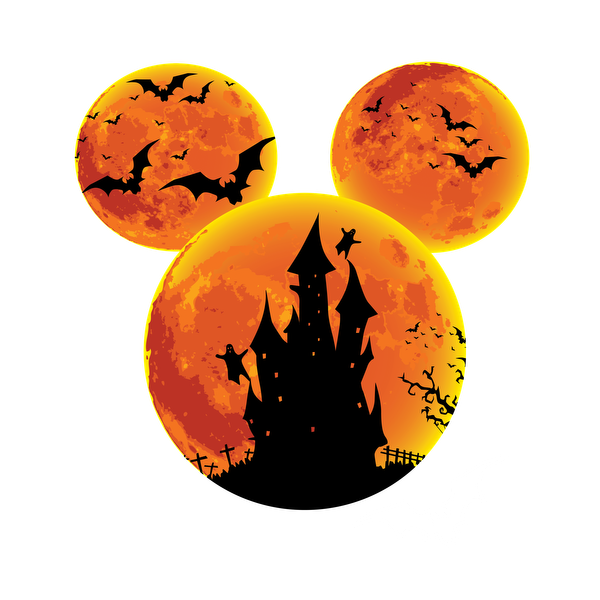 Un diseño espeluznante inspirado en Halloween que presenta un castillo en silueta, murciélagos y tres círculos lunares de color naranja vibrante.