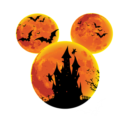 Un diseño espeluznante inspirado en Halloween que presenta un castillo en silueta, murciélagos y tres círculos lunares de color naranja vibrante.