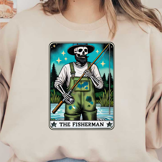 A colorful illustration of a skeletal fisherman in green overalls, holding a fishing rod against a vibrant natural backdrop. dtf prints