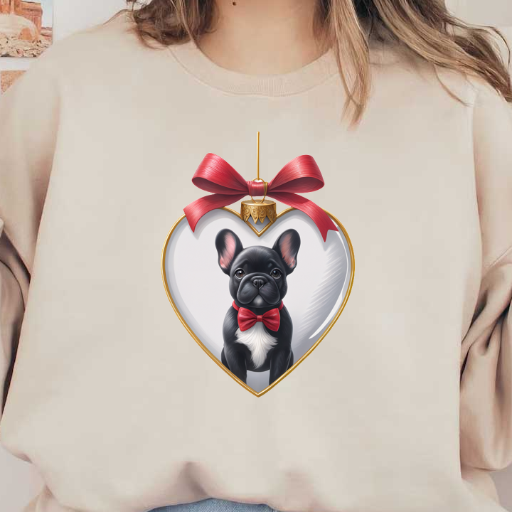 Un encantador adorno en forma de corazón que presenta un bulldog francés vestido con un moño y adornado con una cinta festiva.