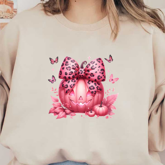 A whimsical pink pumpkin adorned with a leopard print bow, surrounded by butterflies and autumn leaves, perfect for Halloween decor. heat press transfers