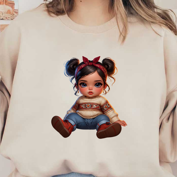 Una encantadora niña de dibujos animados con coletas, vestida con un suéter acogedor y jeans, se sienta juguetonamente en el suelo.