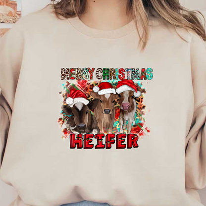 Celebrate the holidays with this cheerful design featuring adorable heifers in Santa hats, perfect for Christmas spirit!DTF Transfers dtf prints