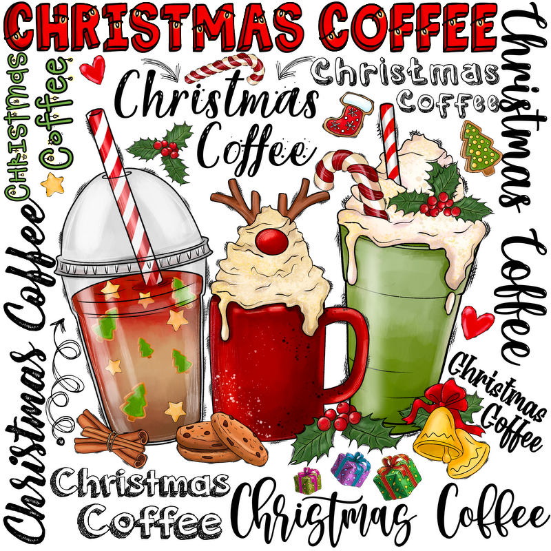 Enjoy the festive spirit with this vibrant illustration of Christmas-themed coffee drinks, complete with delightful toppings and cheerful decorations!DTF Transfers dtf transfers heat press transfers