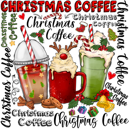 Enjoy the festive spirit with this vibrant illustration of Christmas-themed coffee drinks, complete with delightful toppings and cheerful decorations!DTF Transfers dtf transfers heat press transfers