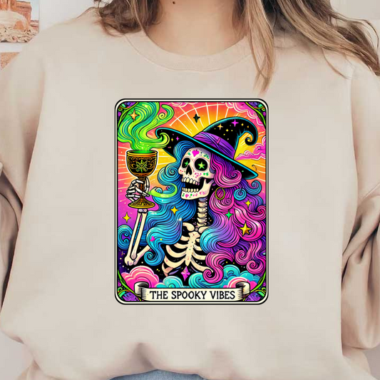 This vibrant illustration features a skeleton witch holding a goblet, surrounded by colorful swirls and the phrase "The Spooky Vibes."