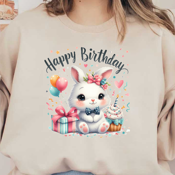 A cute cartoon bunny adorned with a flower crown celebrates a birthday, surrounded by gifts, balloons, and a cupcake.DTF Transfers