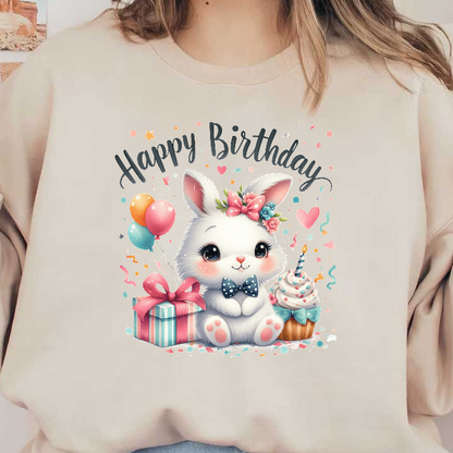 A cute cartoon bunny adorned with a flower crown celebrates a birthday, surrounded by gifts, balloons, and a cupcake.DTF Transfers