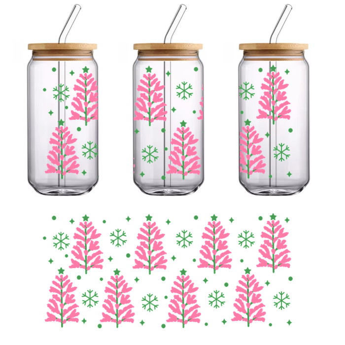 A whimsical pattern featuring pink trees and green snowflakes, perfect for adding a festive touch to any design.UV Transfers heat press transfers