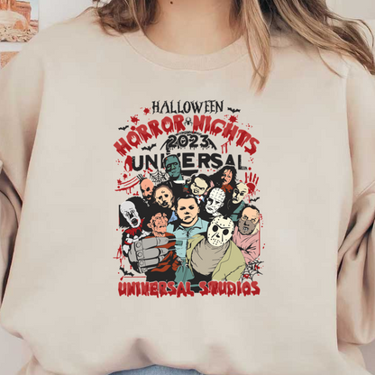 Celebrate Halloween with this vibrant 2023 Universal Studios Horror Nights graphic featuring iconic horror characters in a playful style! dtf prints