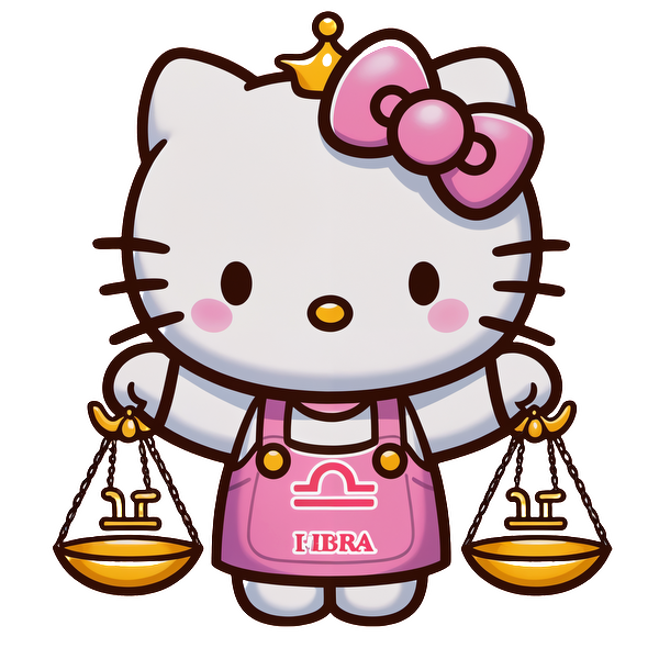 Hello Kitty is dressed in a pink apron with the Libra symbol, holding scales, and wearing her signature bow.DTF Transfers dtf prints