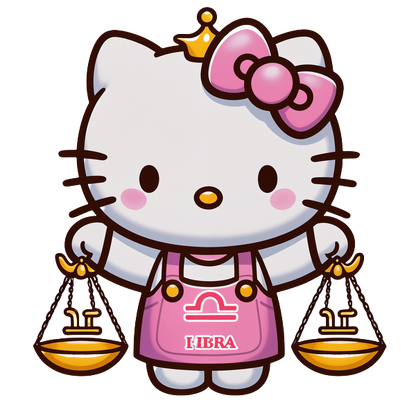 Hello Kitty is dressed in a pink apron with the Libra symbol, holding scales, and wearing her signature bow.DTF Transfers dtf prints