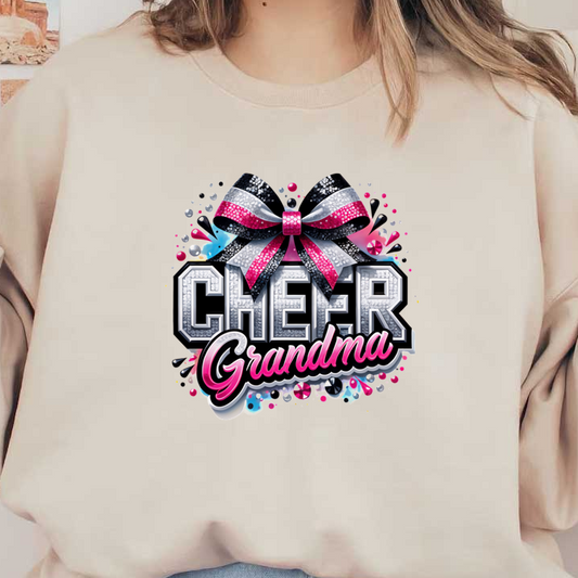 Un diseño vibrante y divertido que presenta la frase "Cheer Grandma" en letras llamativas, adornada con un lazo brillante y detalles coloridos. Transferencias DTF