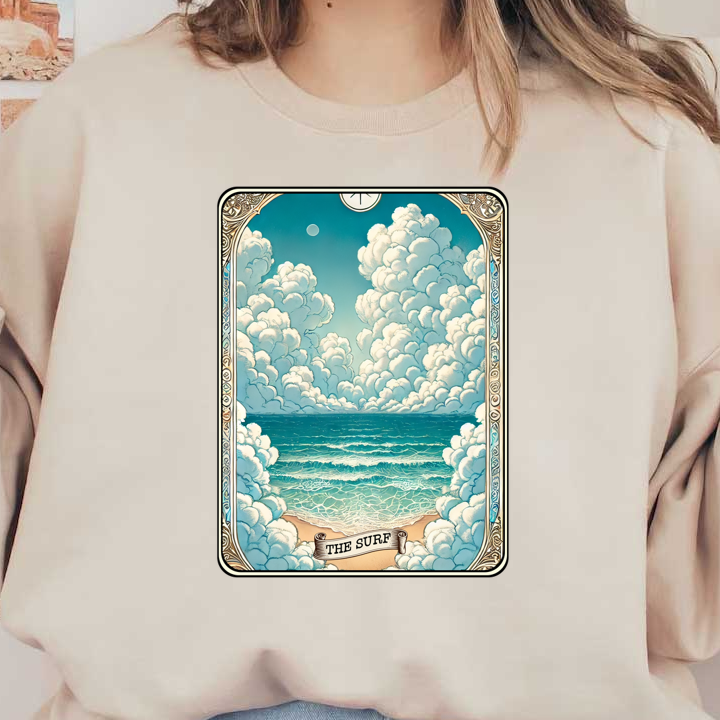 Una ilustración vibrante que representa una escena serena del océano con nubes esponjosas, olas y una costa tranquila, titulada "The Surf".