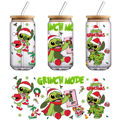 Join the festive fun with this vibrant "Grinch Mode" artwork featuring adorable, holiday-themed Stitch characters in festive attire!UV Transfersdtf regular iron