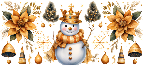 A cheerful snowman adorned with a golden crown and scarf, surrounded by elegant winter florals and festive decorations.UV Transfers heat press transfers