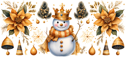 A cheerful snowman adorned with a golden crown and scarf, surrounded by elegant winter florals and festive decorations.UV Transfers heat press transfers