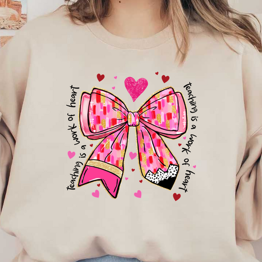 A vibrant, hand-painted pink bow adorned with gold accents and playful hearts, perfect for adding a cheerful touch to any outfit.DTF Transfers