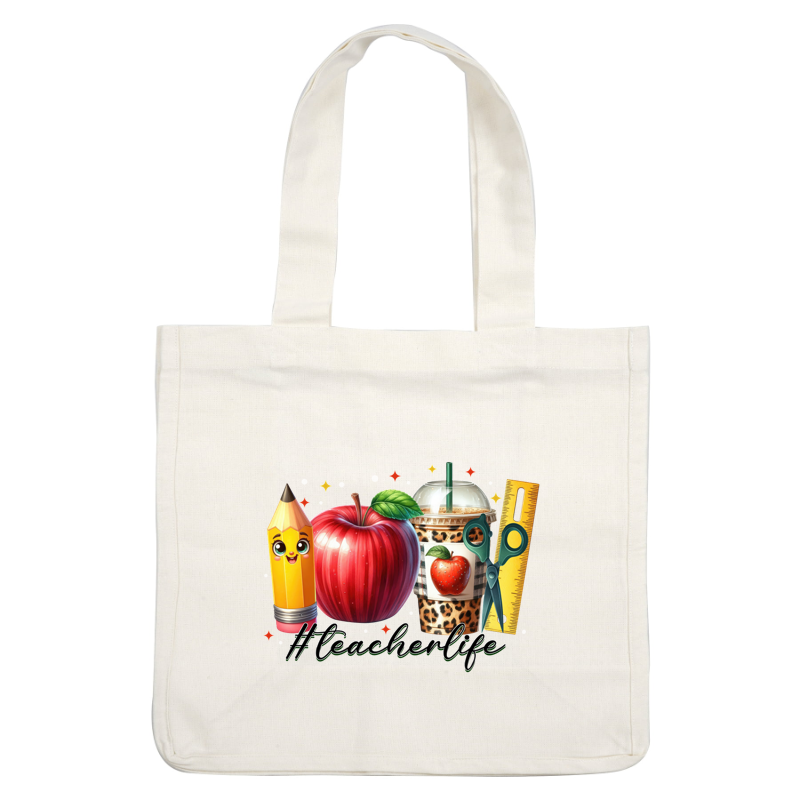 Celebrate #TeacherLife with this vibrant design featuring a cheerful pencil, a shiny red apple, trendy drink, scissors, and ruler!DTF Transfers