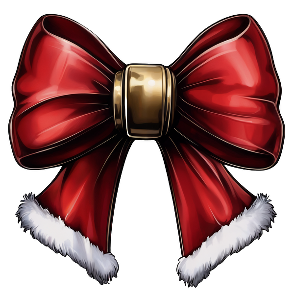 A festive red bow adorned with a shiny gold center and fluffy white trim, perfect for holiday decorations. heat press transfers