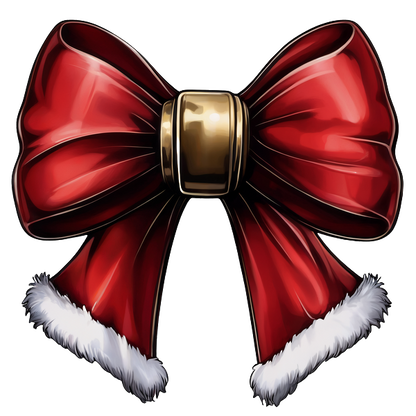 A festive red bow adorned with a shiny gold center and fluffy white trim, perfect for holiday decorations. heat press transfers