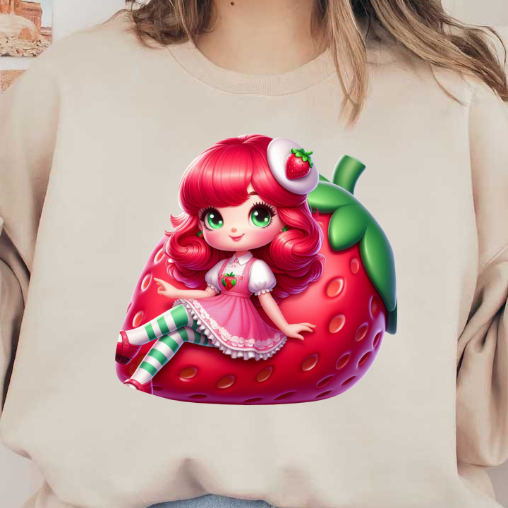 A cute animated character with vibrant pink hair, dressed in a strawberry-themed outfit, lounging on a giant strawberry.DTF Transfers