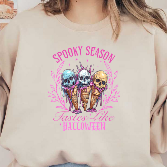 This vibrant design features three colorful skulls in ice cream cones, celebrating the spooky season with a Halloween twist.