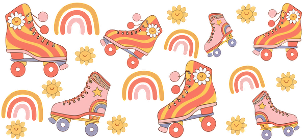 A vibrant and playful pattern featuring colorful retro roller skates, flowers, rainbows, and cheerful suns.UV Transfers dtf transfers