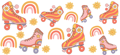 A vibrant and playful pattern featuring colorful retro roller skates, flowers, rainbows, and cheerful suns.UV Transfers dtf transfers